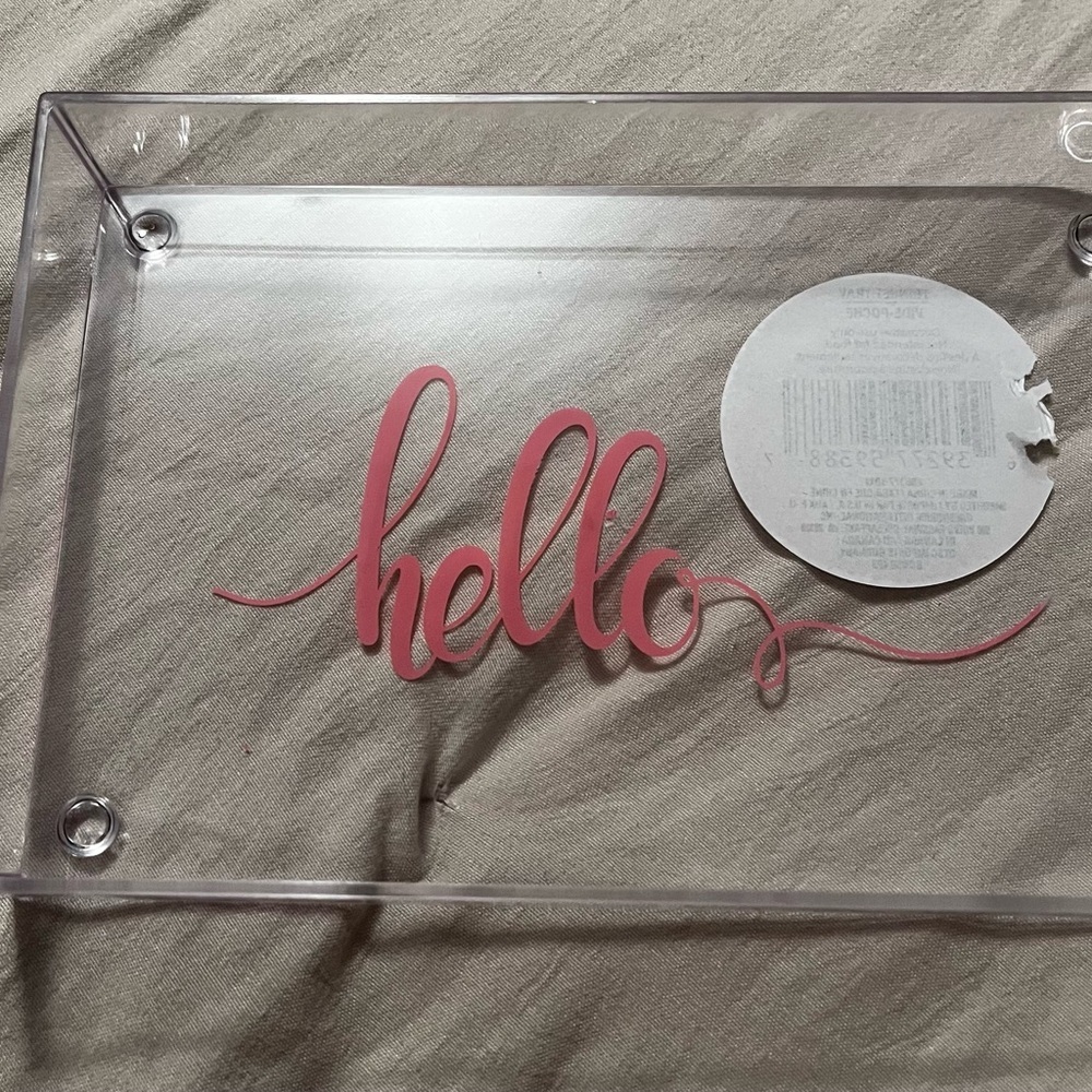 Clear Acrylic Trinket Tray with Pink 'Hello' Design NWT